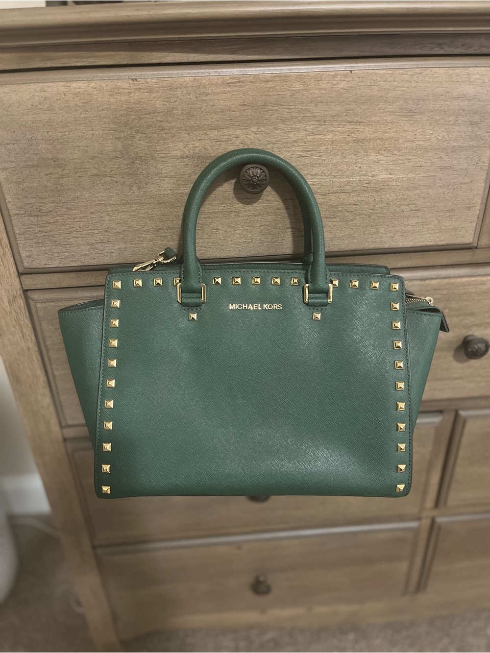 Michael Kors Dark Green Saffiano Satchel with Gold Studs